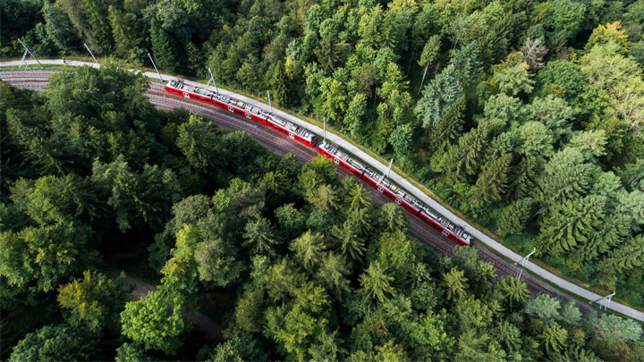 Un train rouge traverse une forêt sur un rail de chemin de fer